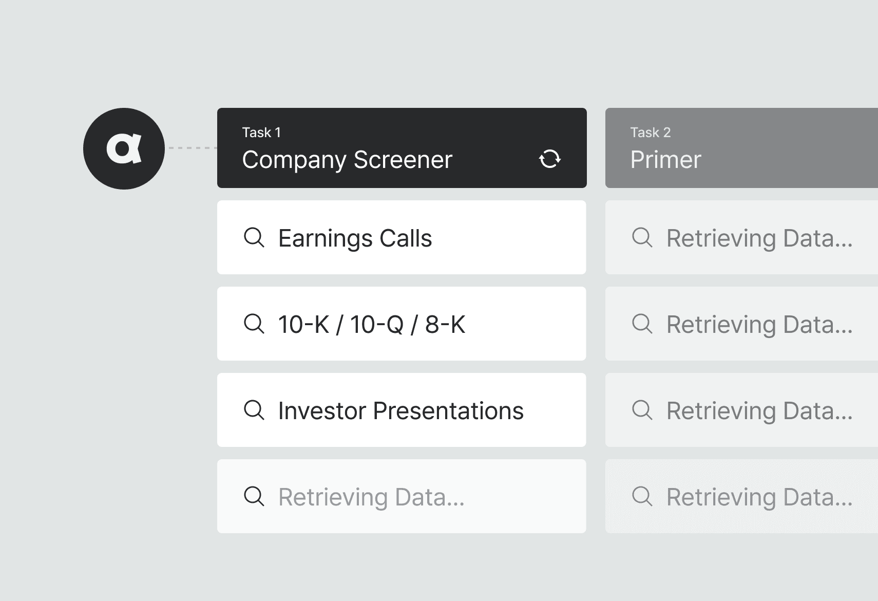 Company screener workflow showing earnings calls, 10-K reports, and investor presentations coordinated by AI agents.