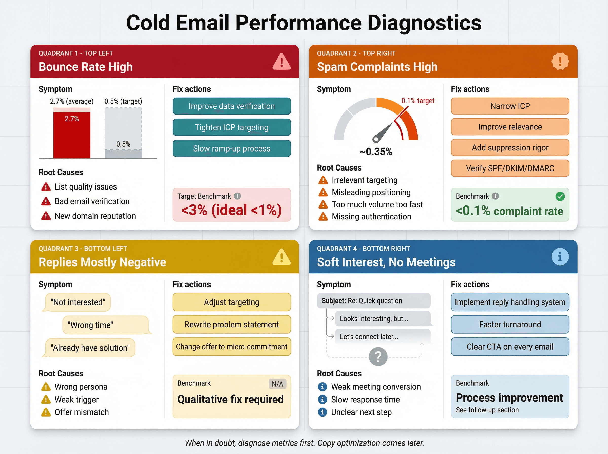 Cold email metrics diagnostic dashboard showing 4 key symptoms, root causes, fixes, and target benchmarks for SaaS founders
