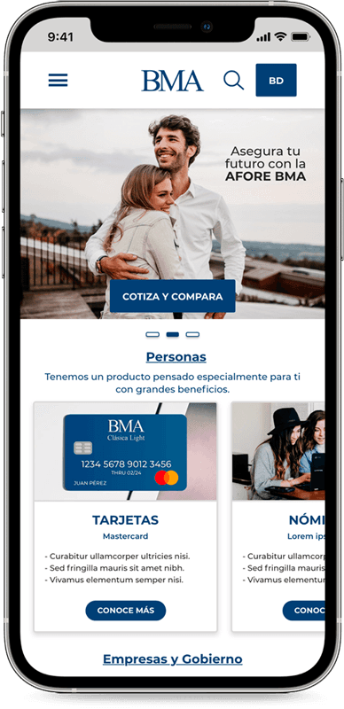Maqueta de alta fidelidad (mockup) del proyecto 'Banco Mexicano del Ahorro' para smartphone; muestra la interfaz de usuario optimizada para banca móvil, con un diseño que prioriza la claridad en la visualización de saldos y la facilidad en la navegación financiera.
