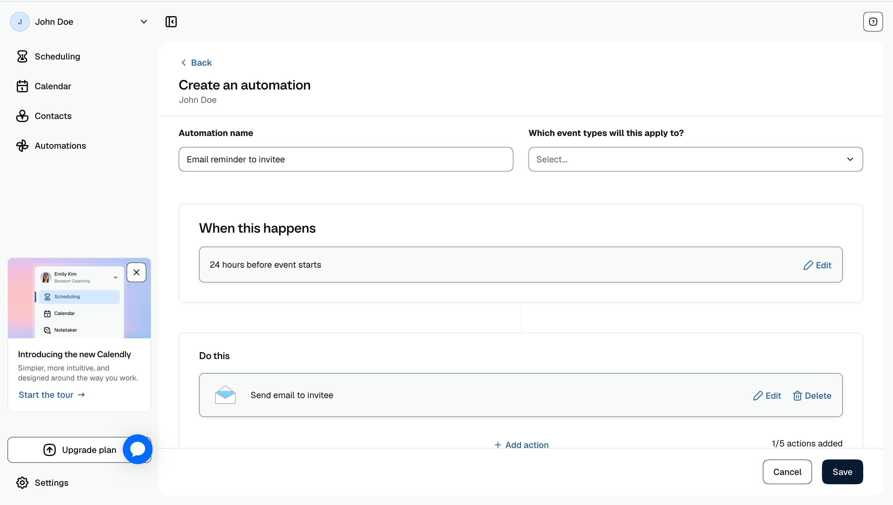 Calendly reminder settings page showing automated email and notification options