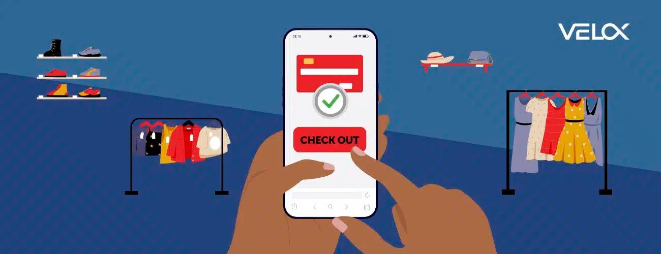 A graphic showing a mobile user at the checkout process with apparel icons