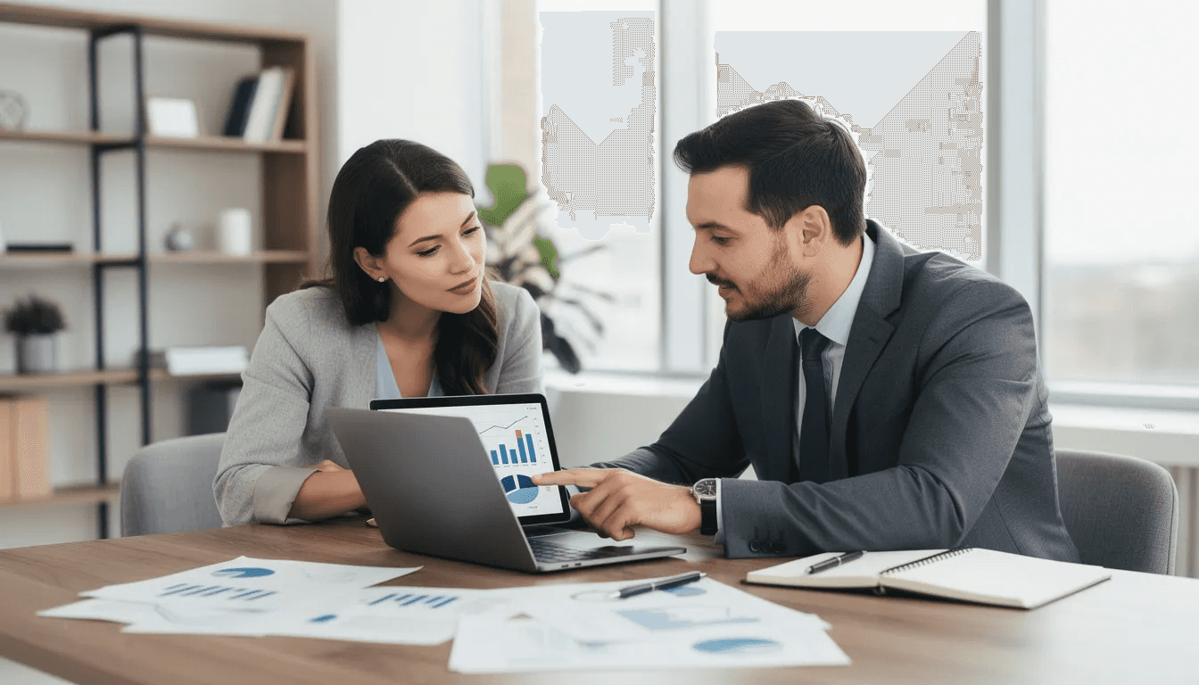 A professional financial advisor is seated at a desk with a couple, discussing their financial situation while reviewing documents and a laptop. The meeting focuses on personalized advice for achieving their financial goals and planning for their financial future.