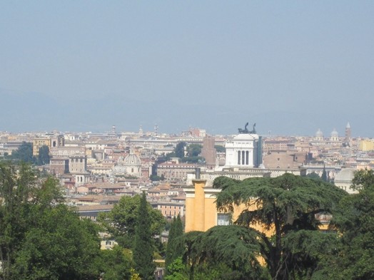 A photo of a city overview between some green trees.