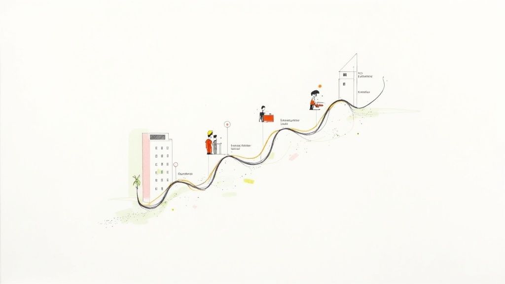 An illustrative drawing showing a winding career path from education to family life and retirement.