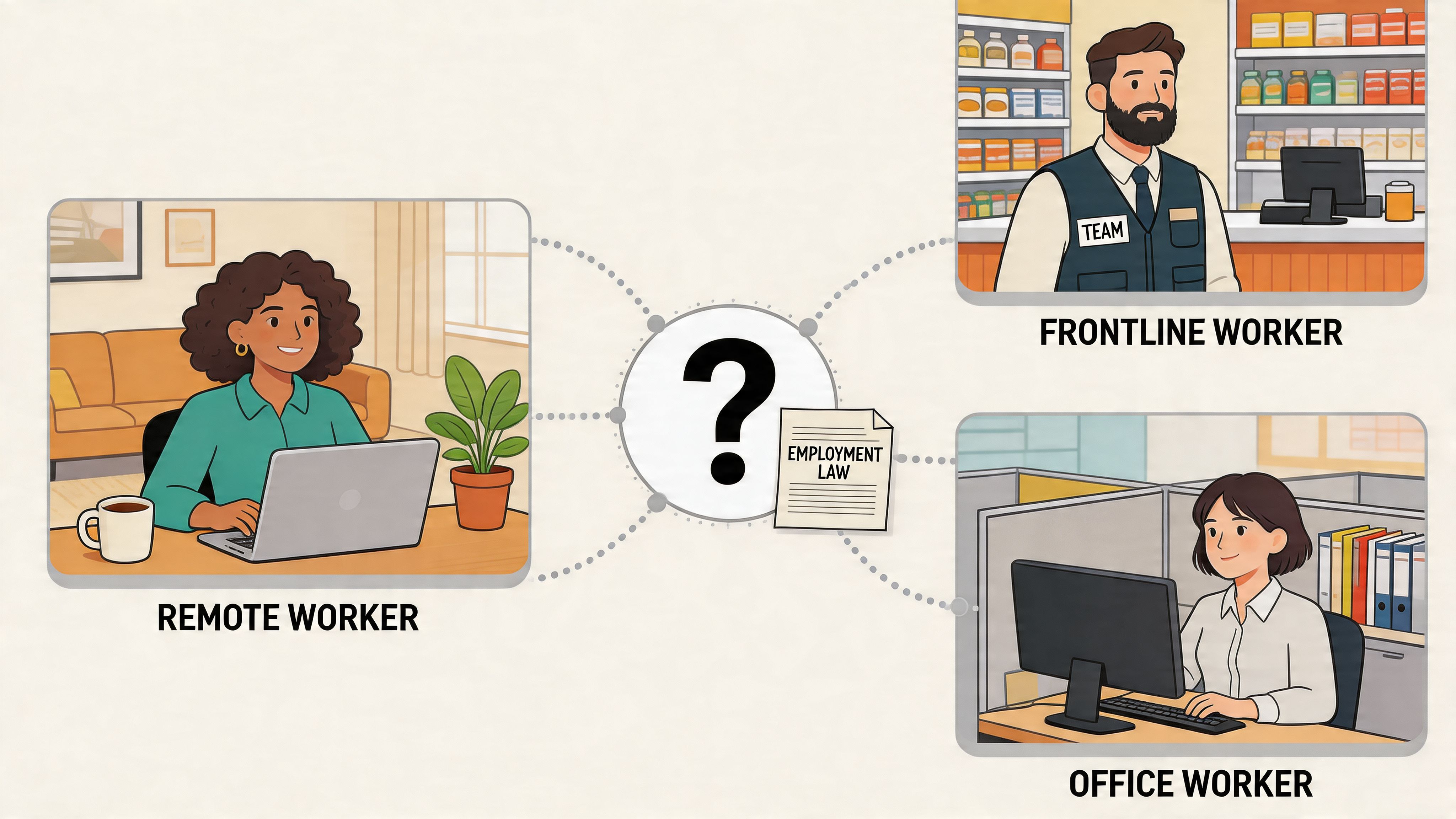 An illustration showing a remote worker, a frontline worker, and an office worker connected to employment law.