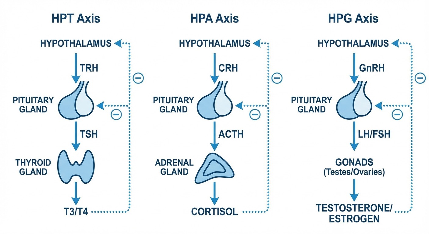 Major hormone axes for NEET PG endocrinology - HPT, HPA, HPG feedback loops
