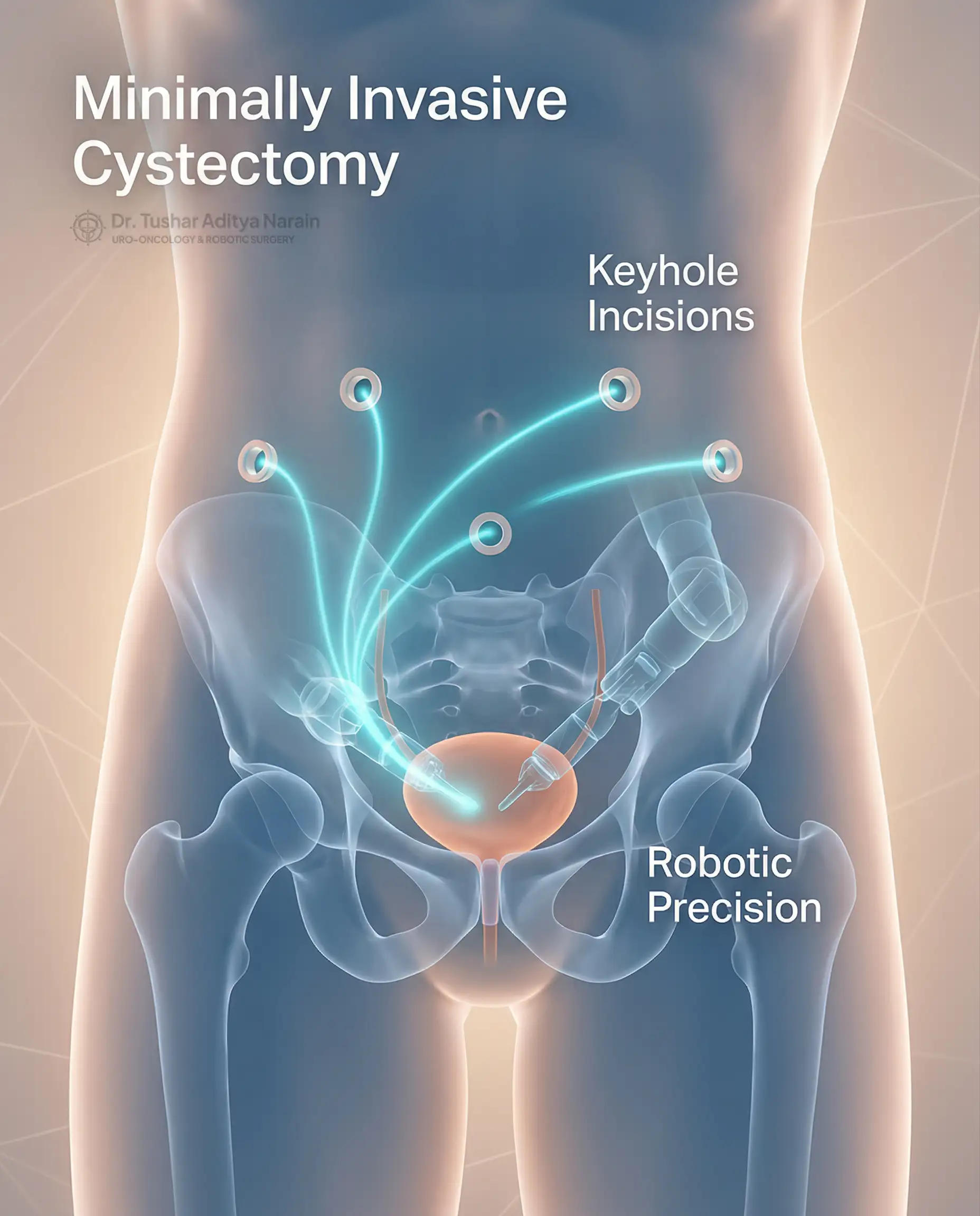 स्केमैटिक दिखा रहा है कि Robotic Radical Cystectomy (RARC) के लिए न्यूनतम कीहोल पोर्ट प्लेसमेंट कैसे किया जाता है, जिसमें पेट के छोटे चीरे का विपरीत pelvic क्षेत्र में robotic arms द्वारा किए जाने वाले प्रमुख आंतरिक पुनर्निर्माण कार्य का वर्णन है।