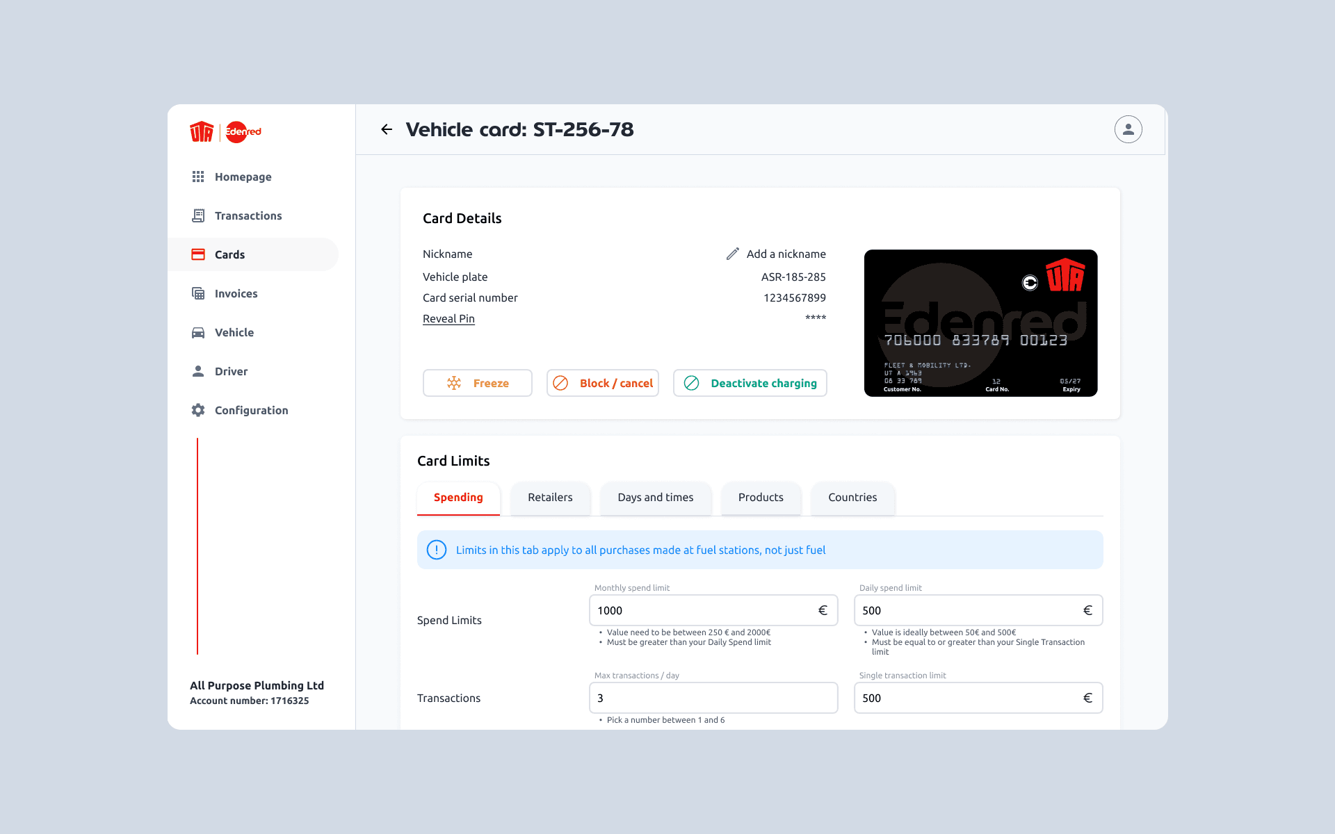 Vehicle card detail page for card ST-256-78 showing card details, a UTA card visual, action buttons (Freeze, Block/cancel, Deactivate charging), and card limits section with tabs for Spending, Retailers, Days and times, Products, and Countries. Spending tab shows monthly and daily spend limits and transaction limits.