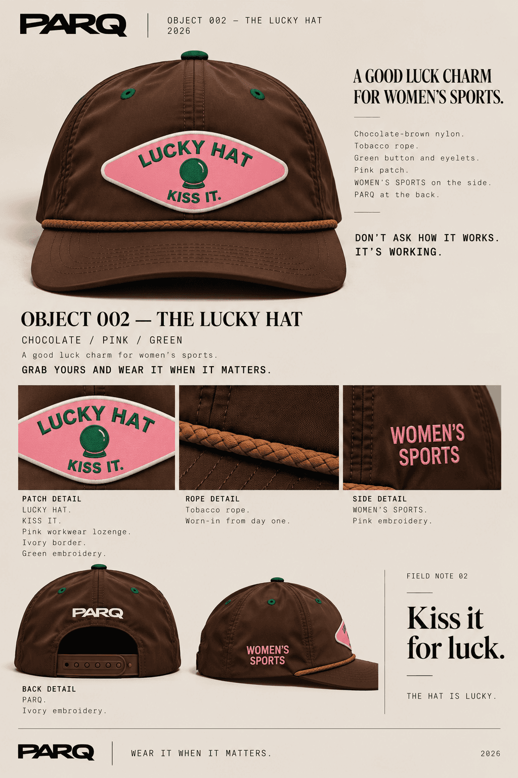 OBJECT 002 — The Lucky Hat. Chocolate-brown nylon with tobacco-caramel rope, green eyelets, pink patch, and ivory SIDESEEN wordmark.