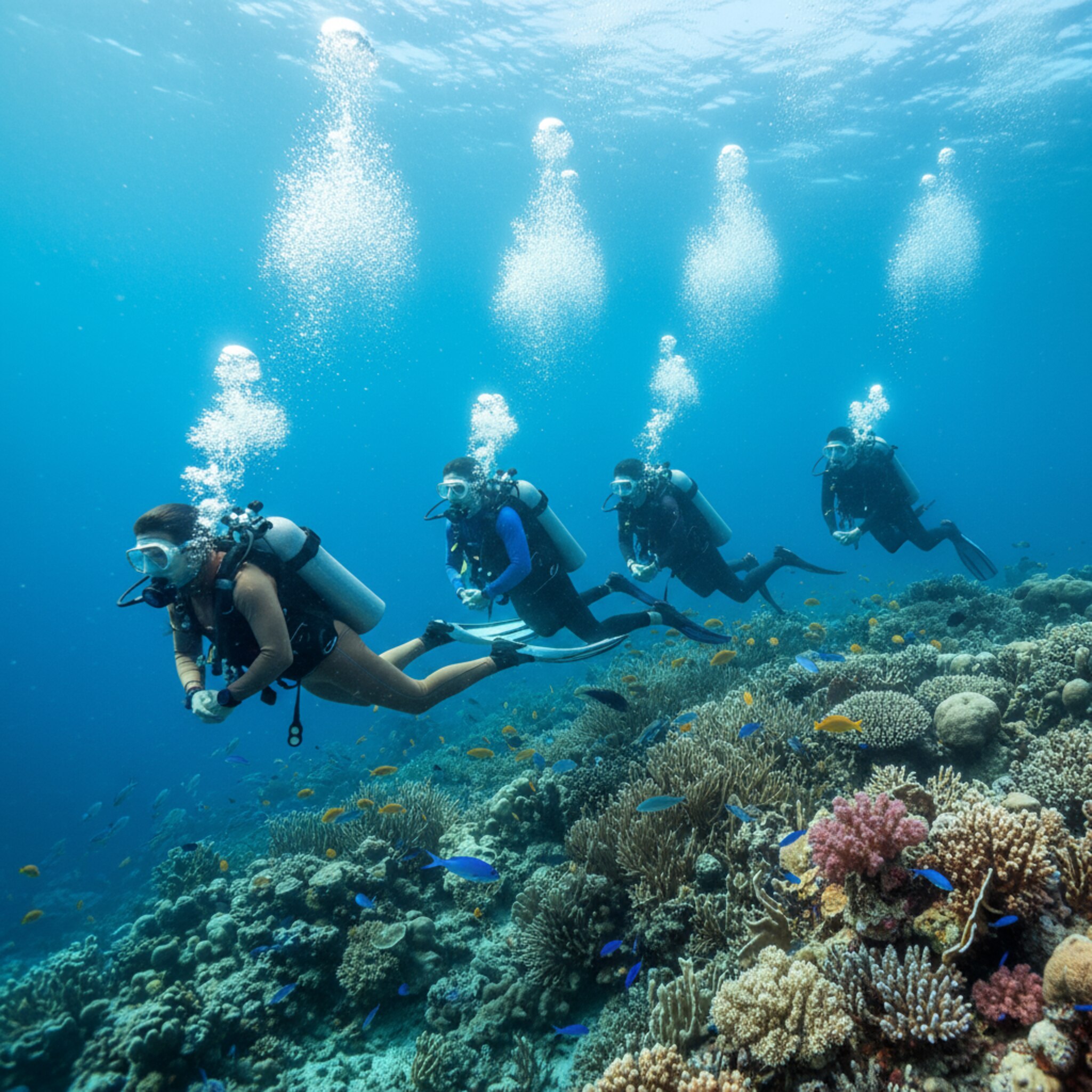 Realistisches Unterwasserfoto, Gruppe von Tauchern folgt dem Guide über ein Riff mit schwachem Sonnenlicht von oben, klare Sicht, Blasen steigen auf, natürliche Farben.