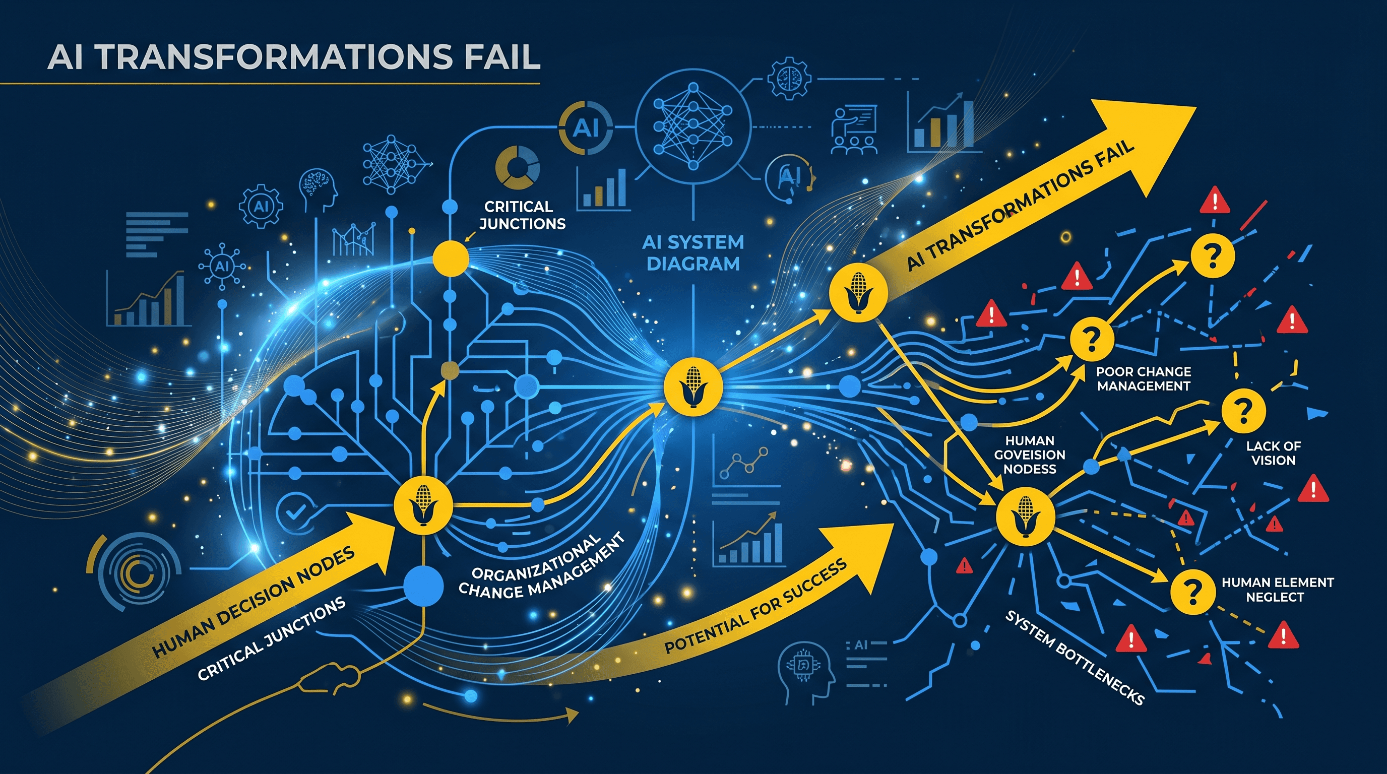 Why AI Transformations Fail - AI transformation execution framework visualization with strategic blue and Michigan maize branding