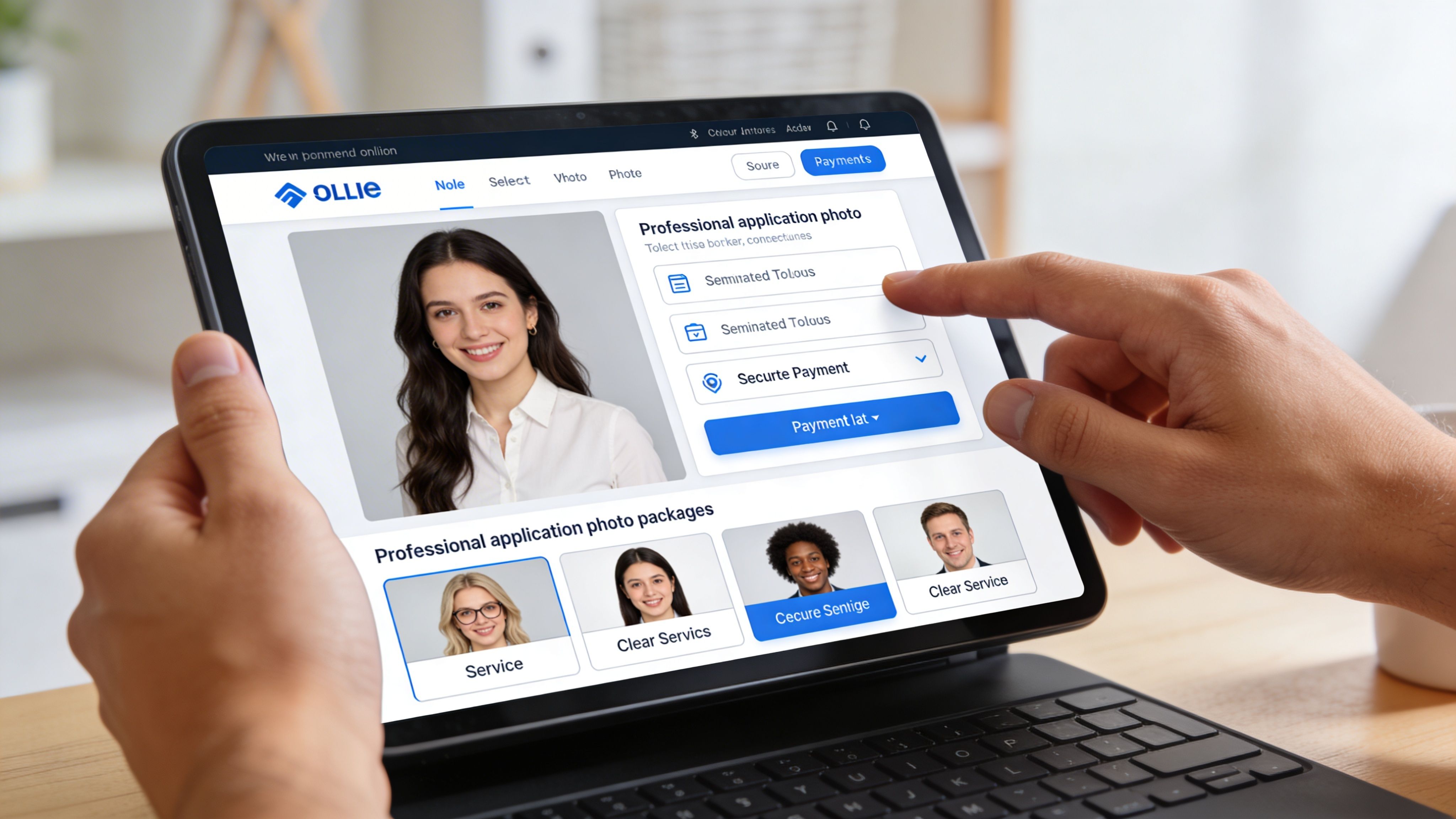 Eine Person nutzt ein Tablet, um online professionelle Bewerbungsfotos auszuwählen und den Zahlungsprozess abzuschließen.