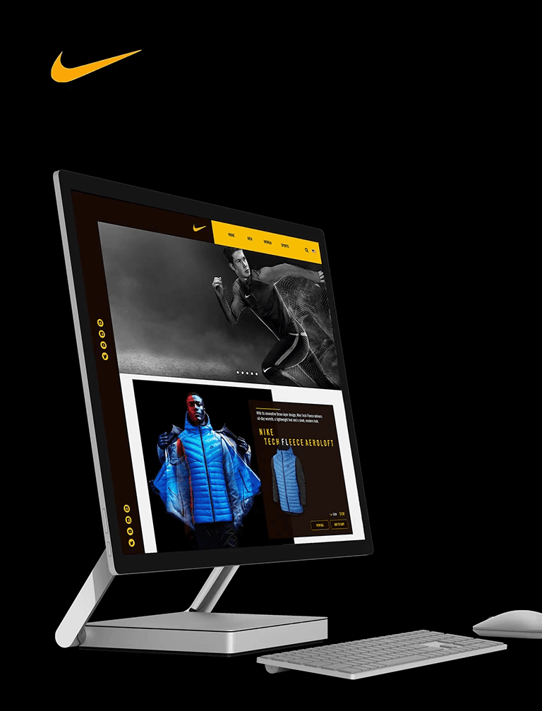 Mockups of Nike e-commerce website UI/UX design concept showcasing shoes and jackets with a clean, modern layout.