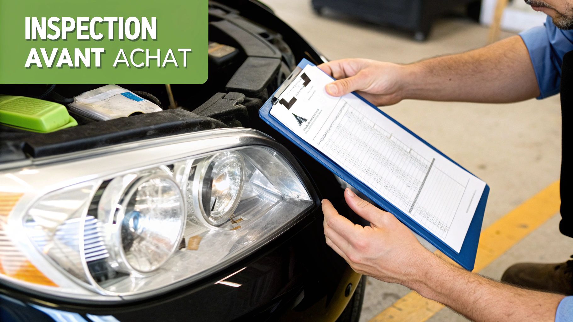Un mécanicien examine le moteur d'une voiture, remplissant une liste de contrôle, avec le texte 'INSPECTION AVANT ACHAT' en surimpression.