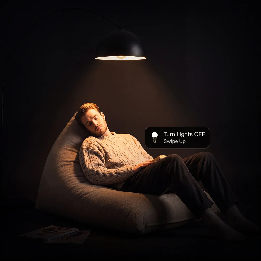 Relaxing under a lamp with a turn-lights-off notification