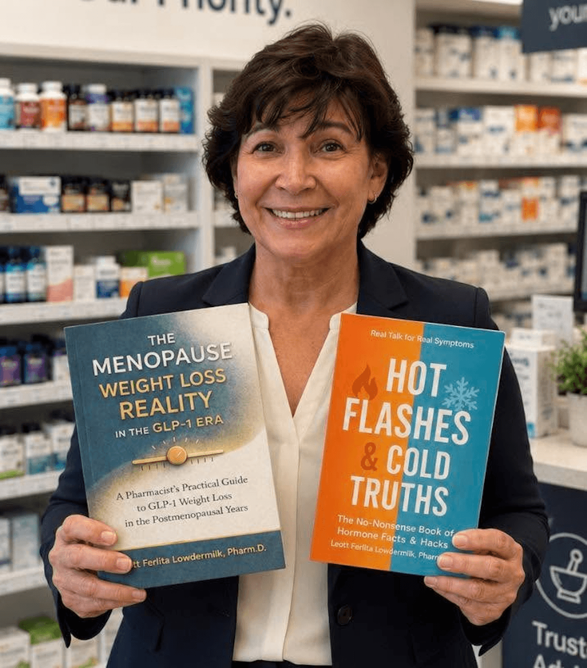 Dr. Leott in a pharmacy holding books on menopause, hormone health, and midlife wellness.