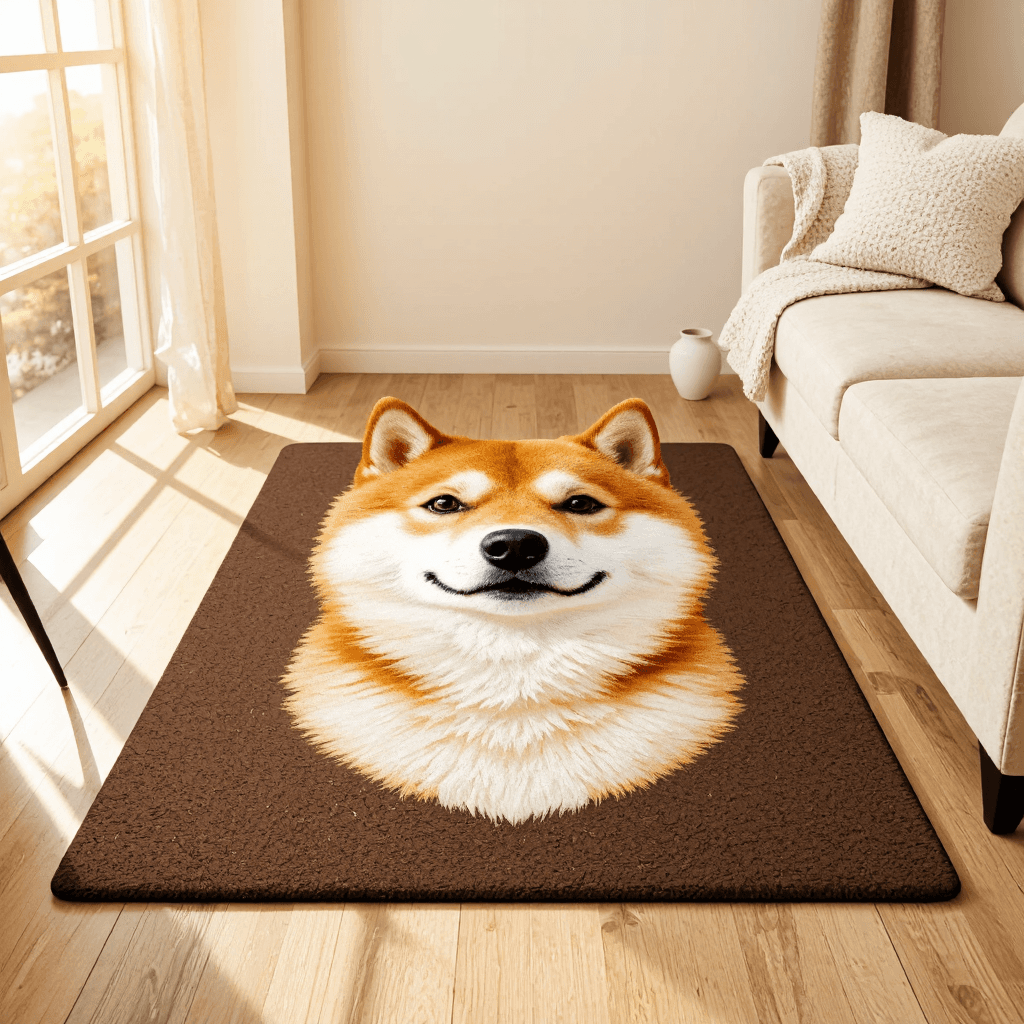 product photography of a decorative rug shaped like a dog's face, used for home decor