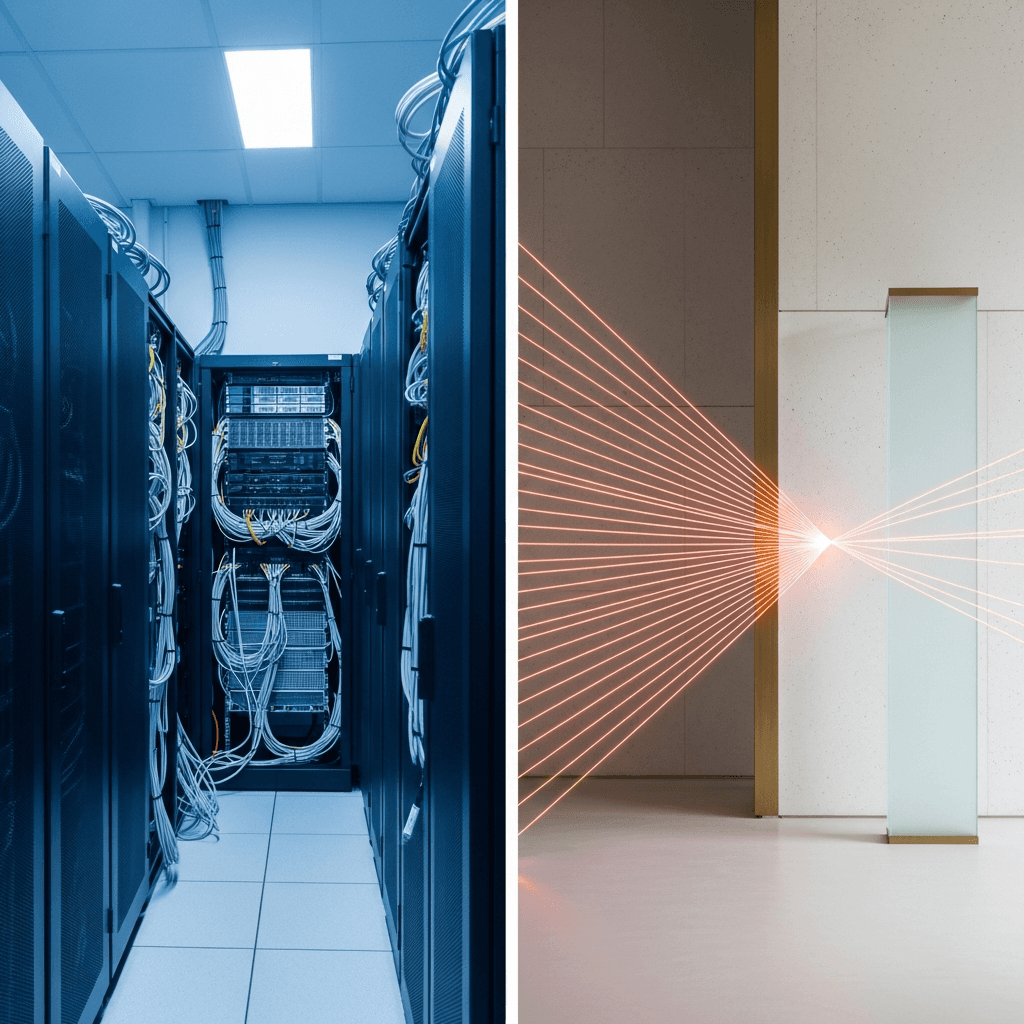 Editorial photograph, aspect ratio 16:9. A split-screen composition. On the left, a clean, well-lit server room with neatly organized racks and cabling in brand color #1F3B5B, representing on-premise infrastructure. The lighting is natural and cool. On the right, an abstract representation of a secure data flow, using subtle, flowing lines of light in brand color #E76F51 against a minimal, architectural backdrop of #F5F2EC, representing a cloud-native environment. The overall aesthetic is minimal, architectural, and photorealistic. Ample negative space is available in the upper-left third for text overlay. No text, no logos, no watermarks.