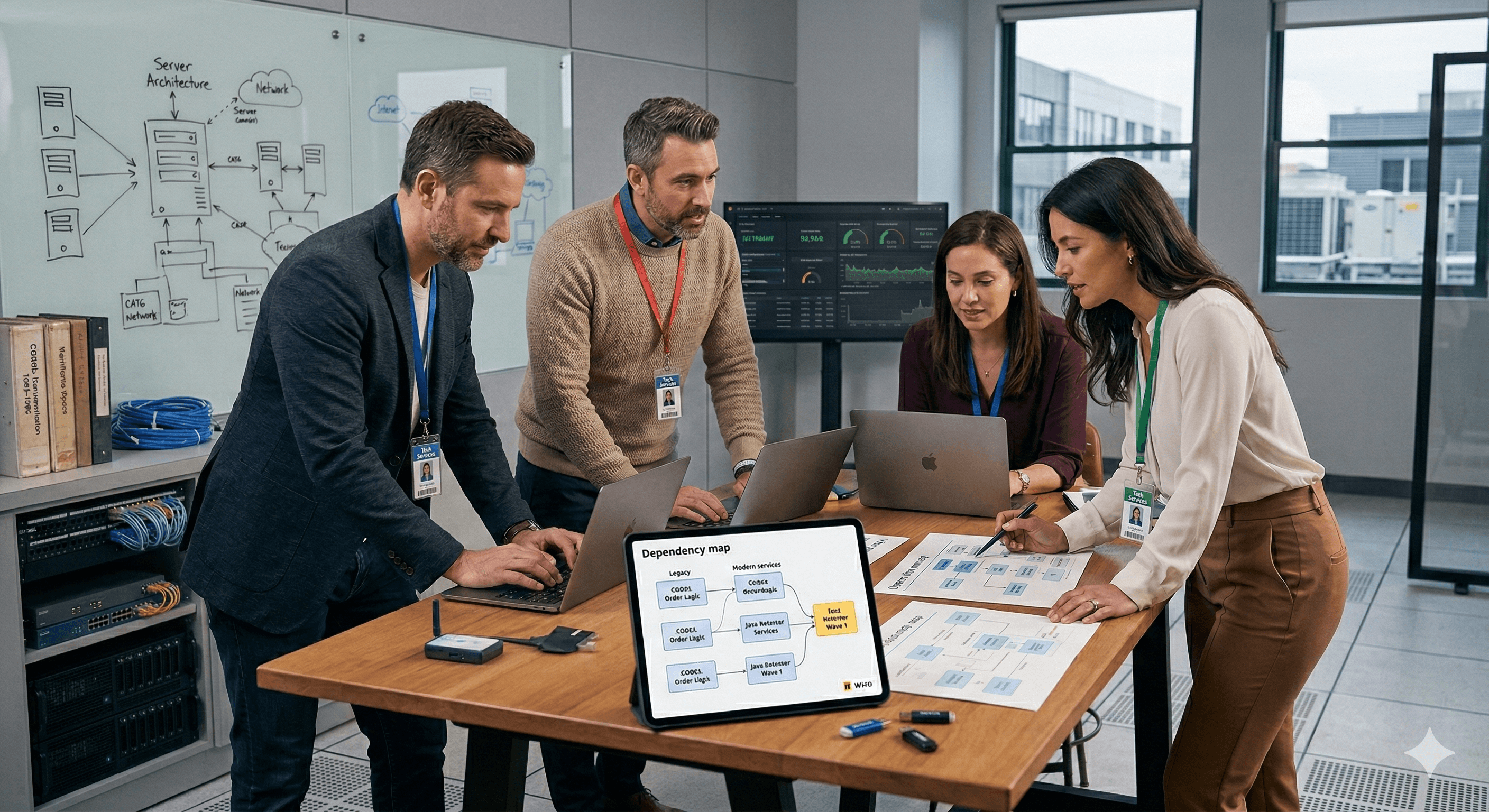 A group of professionals collaborates around a conference table displaying a digital dependency map on a laptop, illustrating strategies for cost-effective COBOL modernization solutions, with technical diagrams and data monitors in the background.
