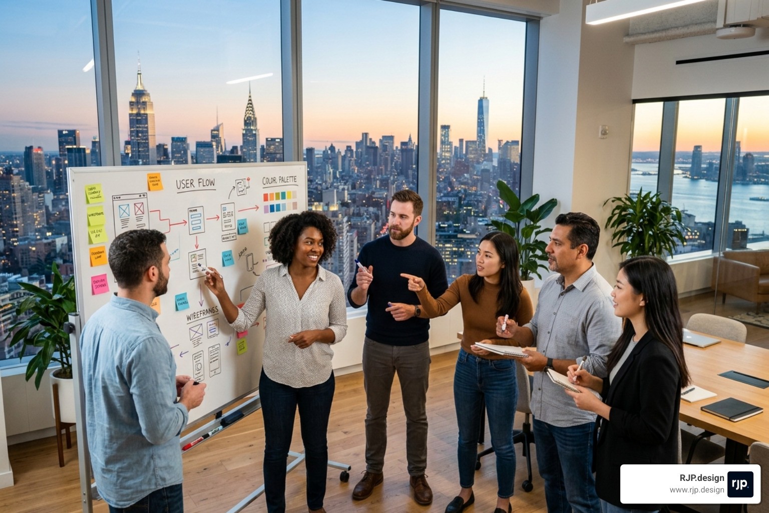 Collaborative design team brainstorming on a whiteboard in a Manhattan office - website design firm nyc