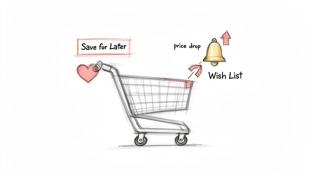 A sketch of a shopping cart illustrating 'Save for Later' with a heart and 'Wish List' with a price drop bell.
