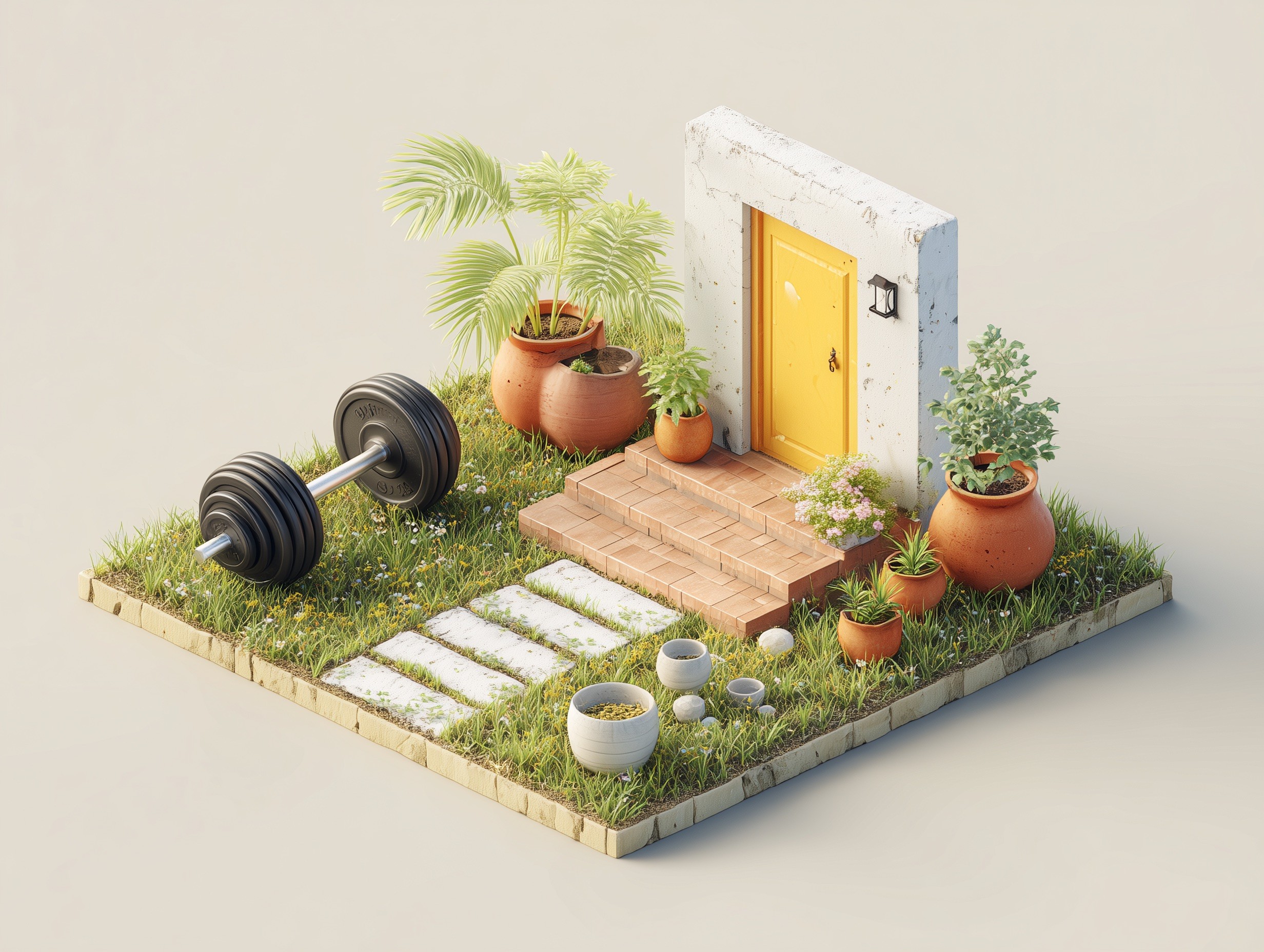 Loopday illustration showing a home entrance with potted plants and a dumbbell, symbolizing balance between everyday life and consistent workouts.