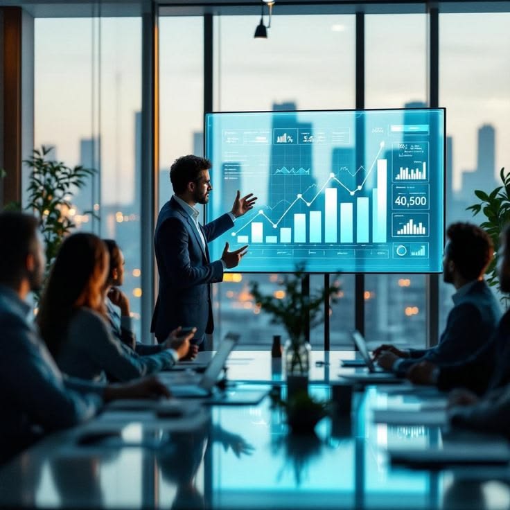 dark cinematic office, glowing laptop screen, minimal, blue accent lighting, professional, no people