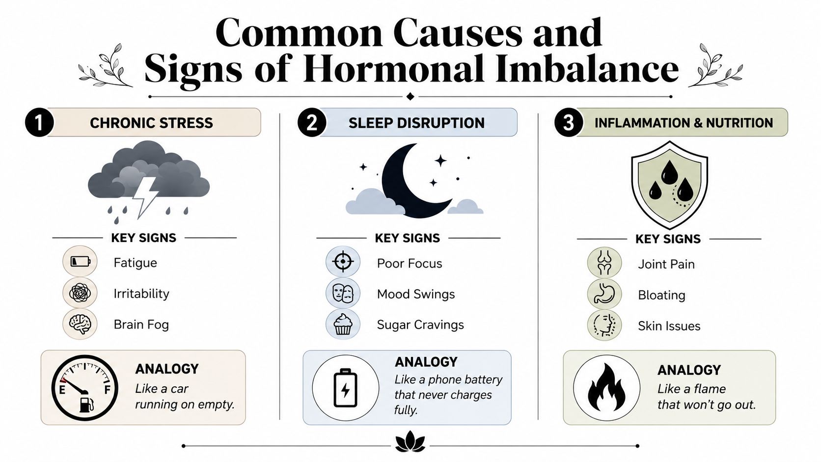 An infographic detailing common causes and signs of hormonal imbalance including stress, sleep disruption, and inflammation.
