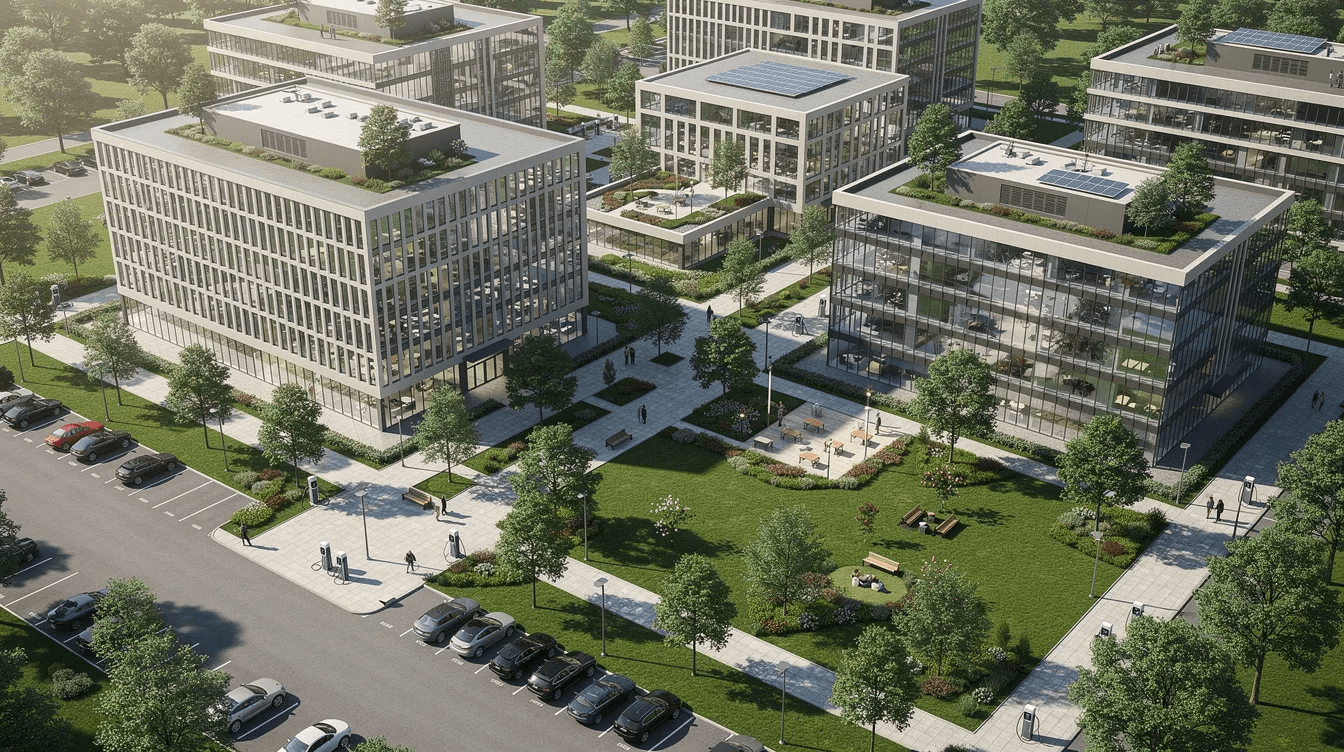 An aerial view showcases a modern business park featuring contemporary office buildings surrounded by lush green spaces, symbolizing a thriving corporate environment. This scene reflects the importance of corporate tax compliance and advisory services in supporting business growth within the UAE's corporate tax regime.