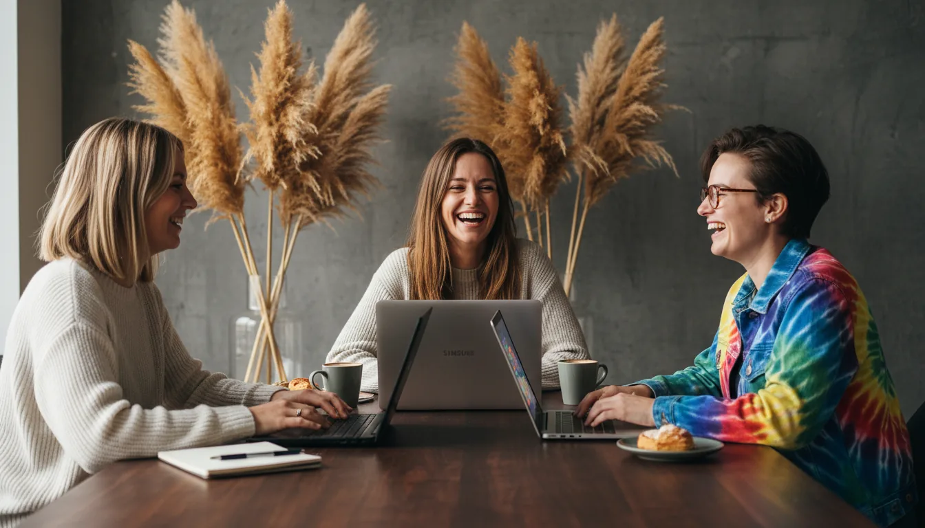 DSLR photography of three diverse colleagues having a joyful team bonding session in a modern cafe. They are sitting around a dark, solid wood table with laptops. In the foreground, a woman with blonde hair in a cream sweater works on a black laptop. Across from her, a woman with long brown hair laughs heartily, next to a person with short dark hair and glasses in a tie-dye denim jacket who is also laughing. A silver Samsung laptop is open on the table. The background is a textured, dark industrial wall with tall, dry pampas grass. The scene is shot with soft natural daylight, creating a warm, collaborative mood with a shallow depth of field.