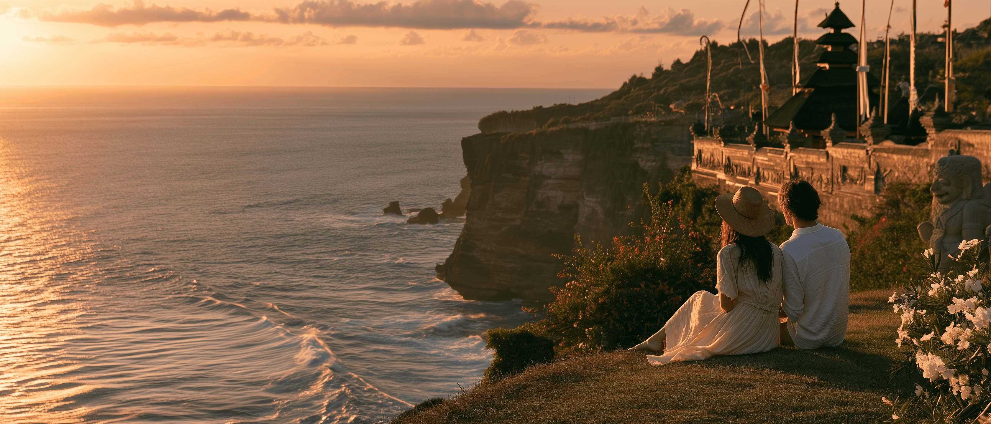 Sunset over the Bali coastline with a cliff-top temple