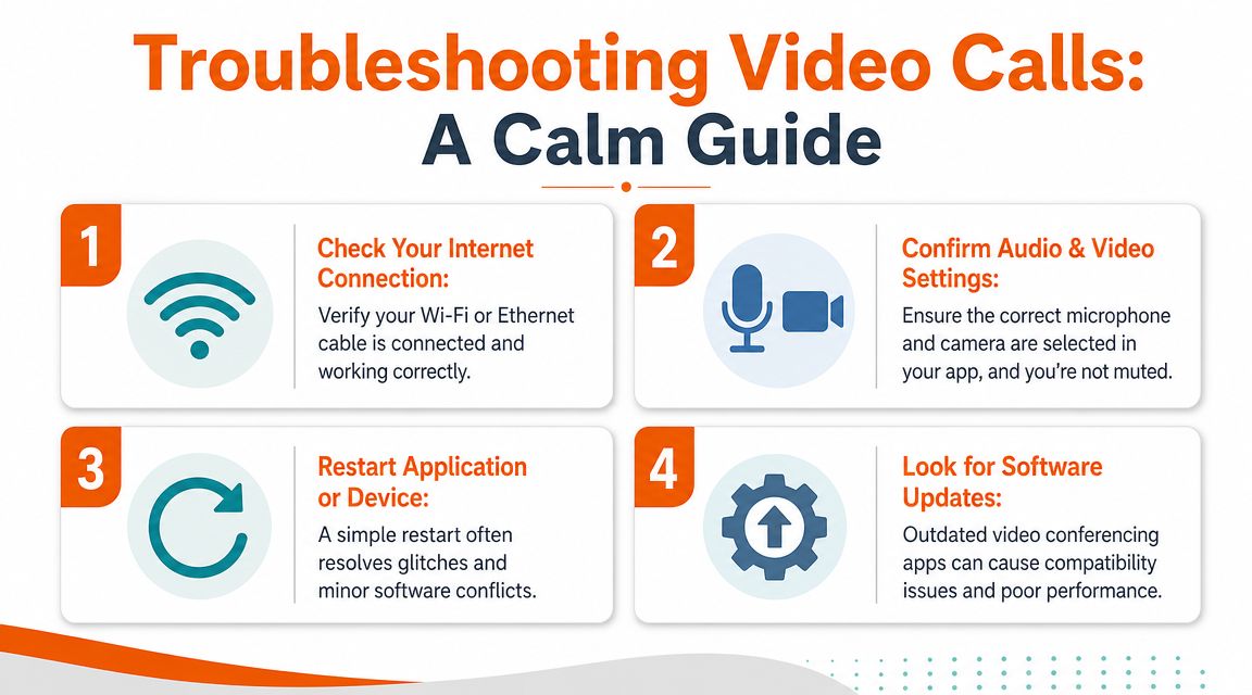A four-step infographic providing tips for troubleshooting video call connection, audio, and software issues.