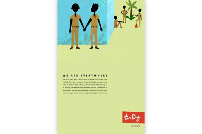The image shows a poster with a light green background. At the top, two black silhouettes of people holding hands stand against a blue-green rectangular shape. Below them, a group of smaller black silhouettes are positioned near a palm tree and a small orange ball. Text on the left reads “WE ARE EVERYWHERE” in bold black letters. Below that, a paragraph of smaller black text provides context. At the bottom right, a red logo with the words “Two Wings” in white cursive script is visible.