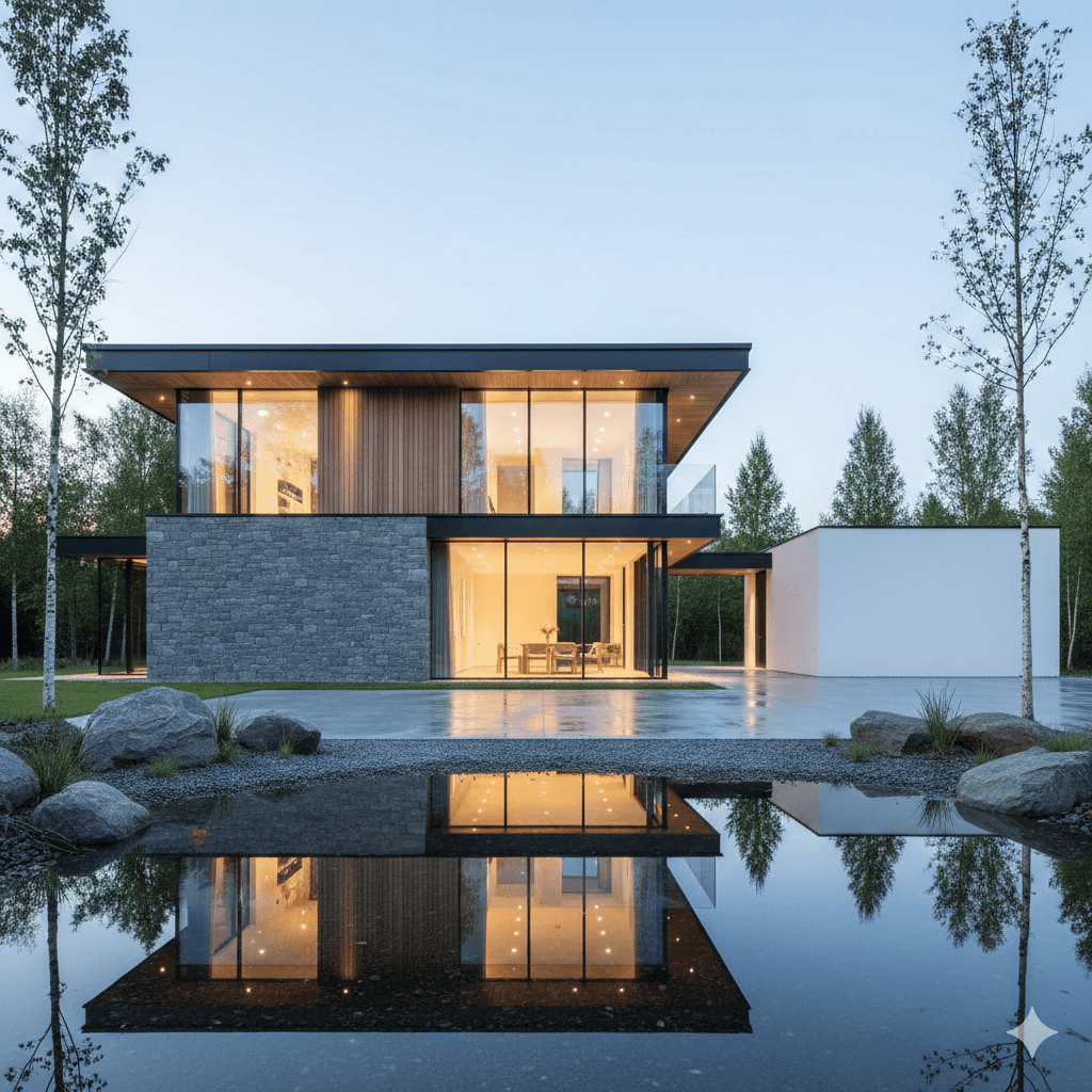 Modern two-story house with large glass windows, warmly lit interior, and a stone facade. Calm water in the foreground reflects the building, creating a serene ambiance. Trees frame the scene softly.