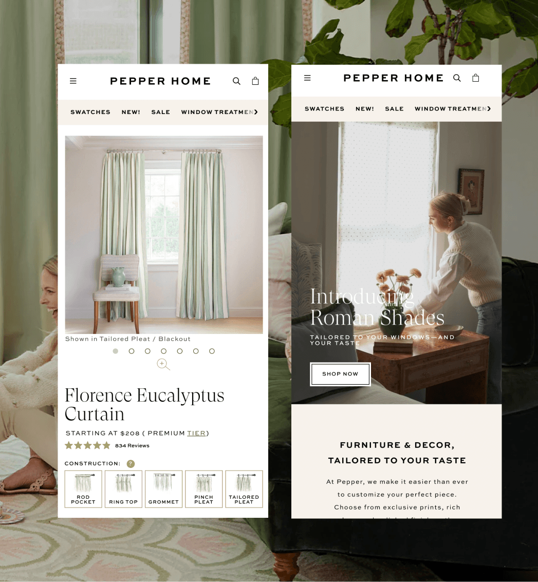 Mobile Shopify homepage for Pepper Home highlighting curtains and interior styling
