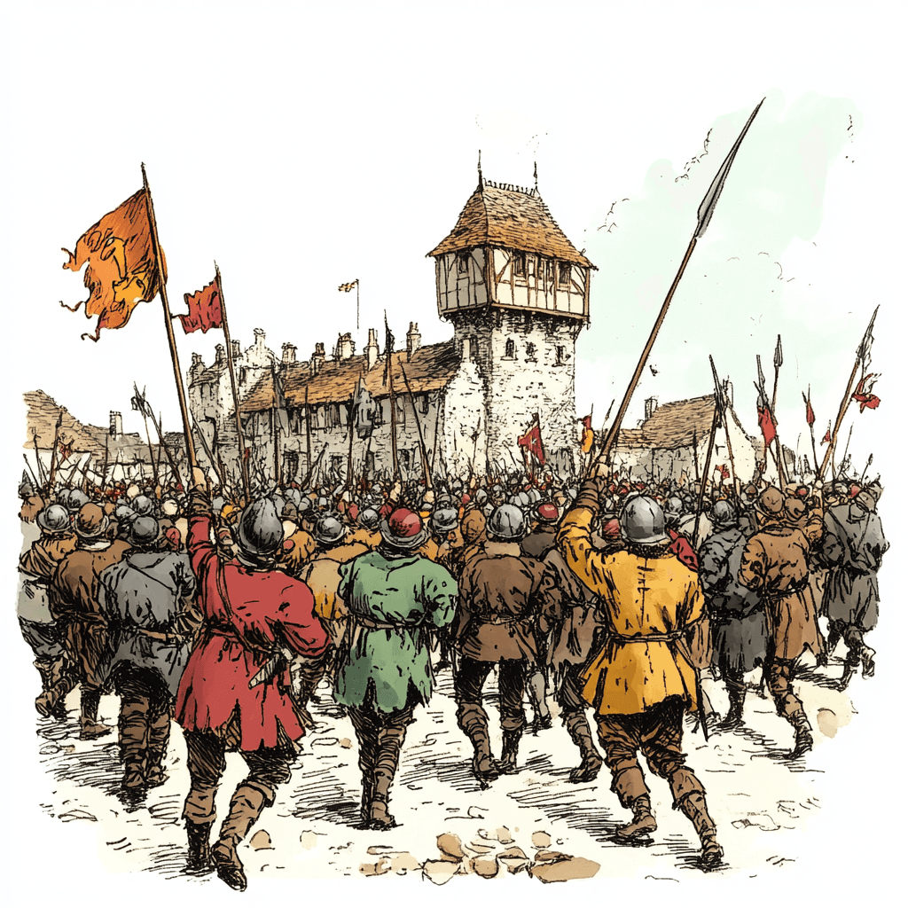 An imagine with a white background depicting the peasants revolt of 1381. Men charge a castle.