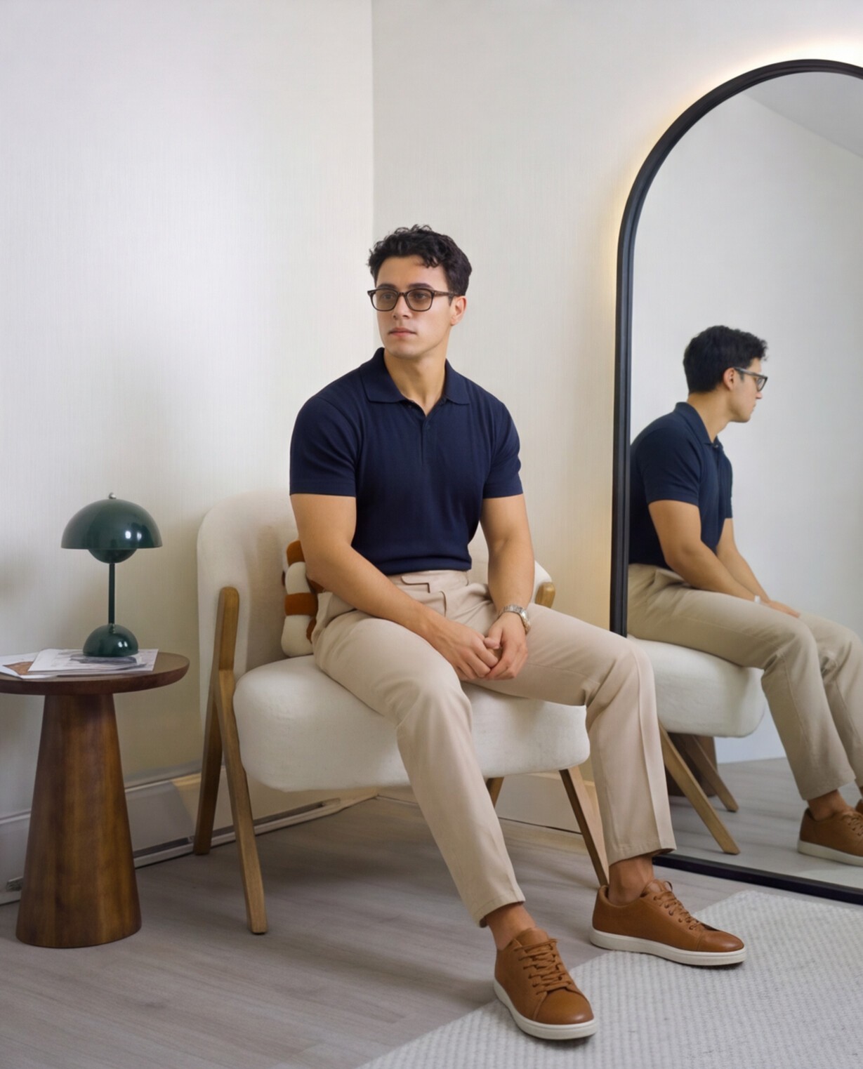 Navy Knit Polo with Beige Tailored Trousers