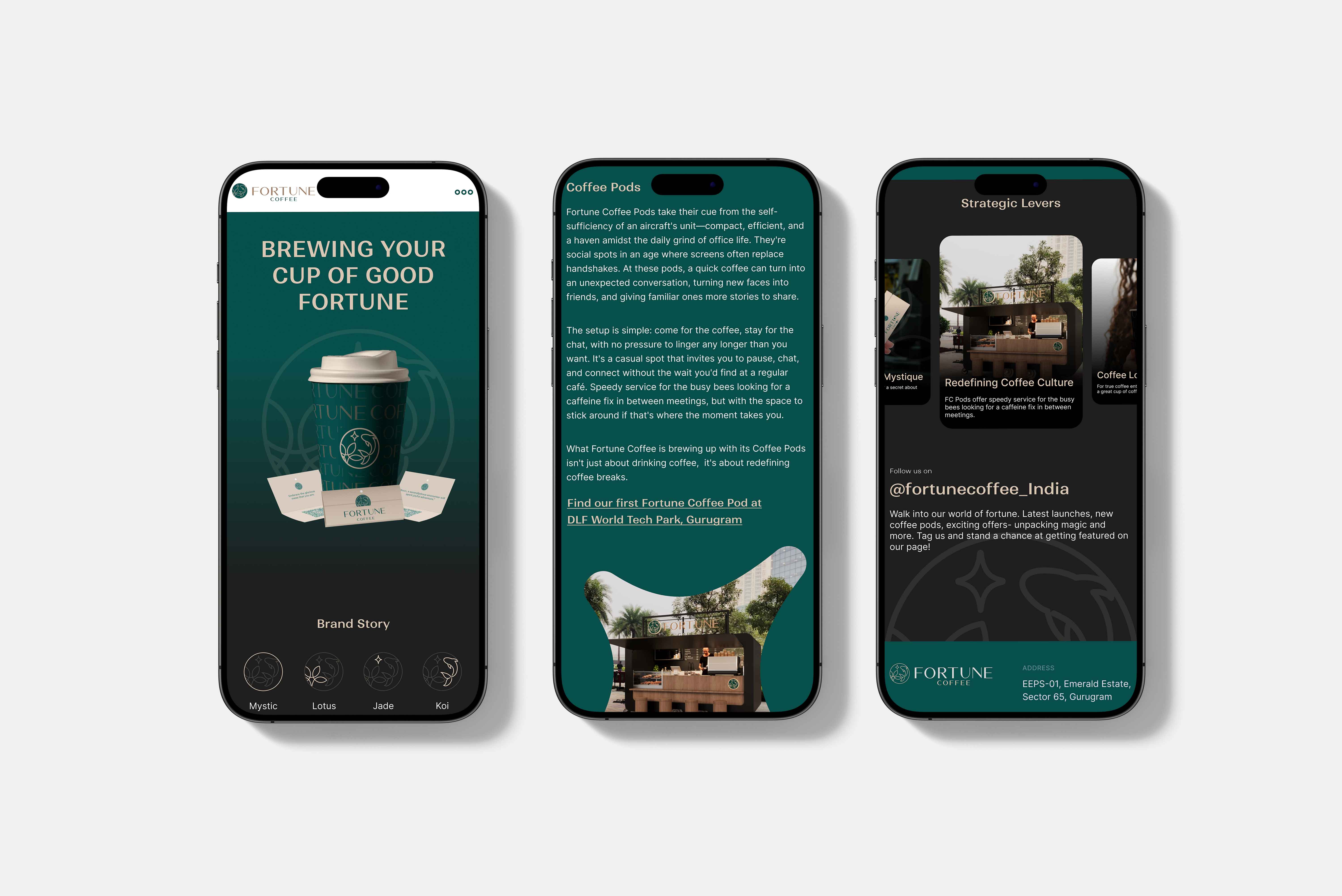 Mobile app interface for Fortune Coffee, showcasing coffee pod options and brewing instructions.