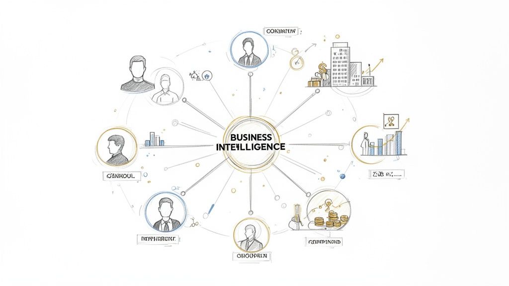 Business Intelligence concept map showing its connection to people, data, finance, and company operations.