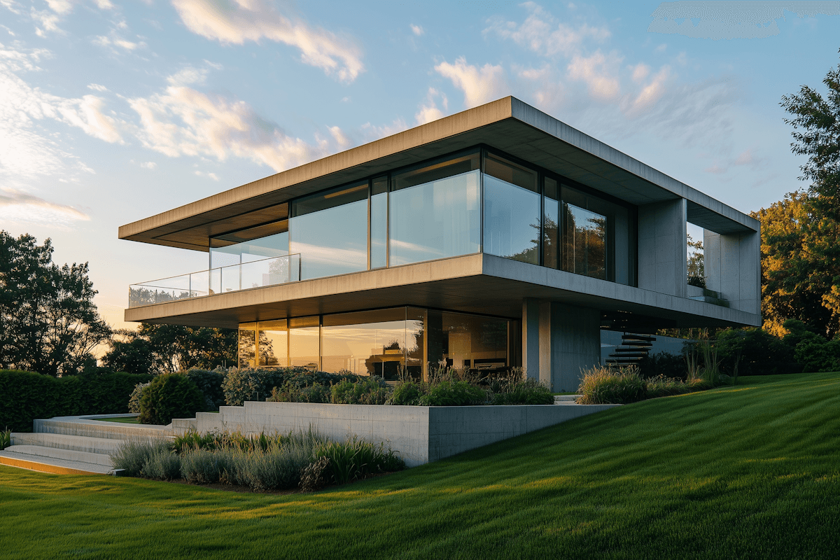 Sleek single-story modern home with large glass facade, sunset clouds, surrounded by manicured grass and trees.
