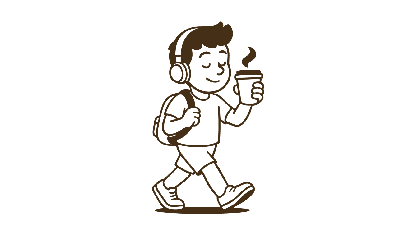 A playful cartoon of a boy walking with a backpack, holding a drink and smiling.