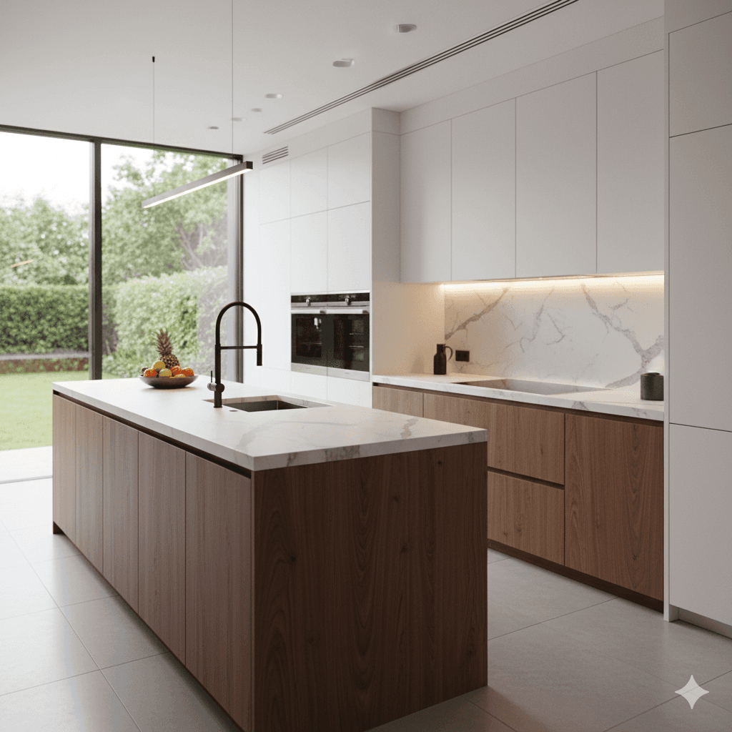 European modular kitchen with island at M3M Mystique Low Rise Floors, Sector 61, Gurugram
