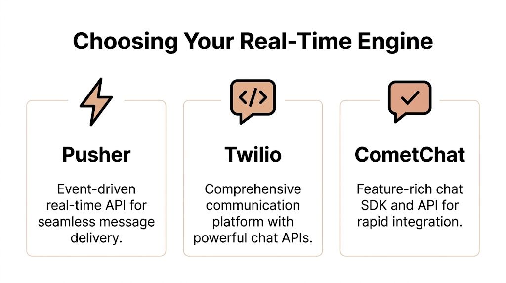 A comparison graphic showing three real-time engine providers: Pusher, Twilio, and CometChat for app development.