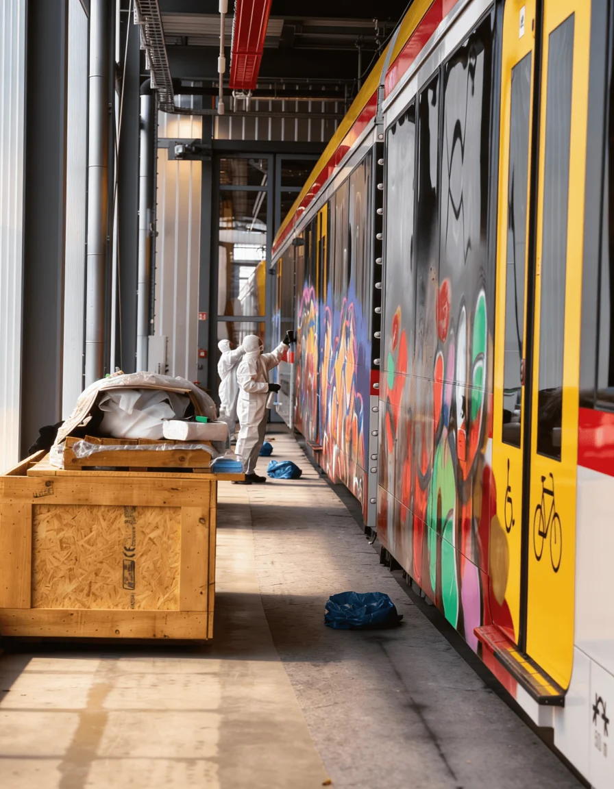 Zwei Arbeiter in weißen Schutzanzügen entfernen in einer Werkshalle Graffiti von der Außenwand einer gelb-roten Straßenbahn. Im Vordergrund links steht eine große Kiste aus Holz.