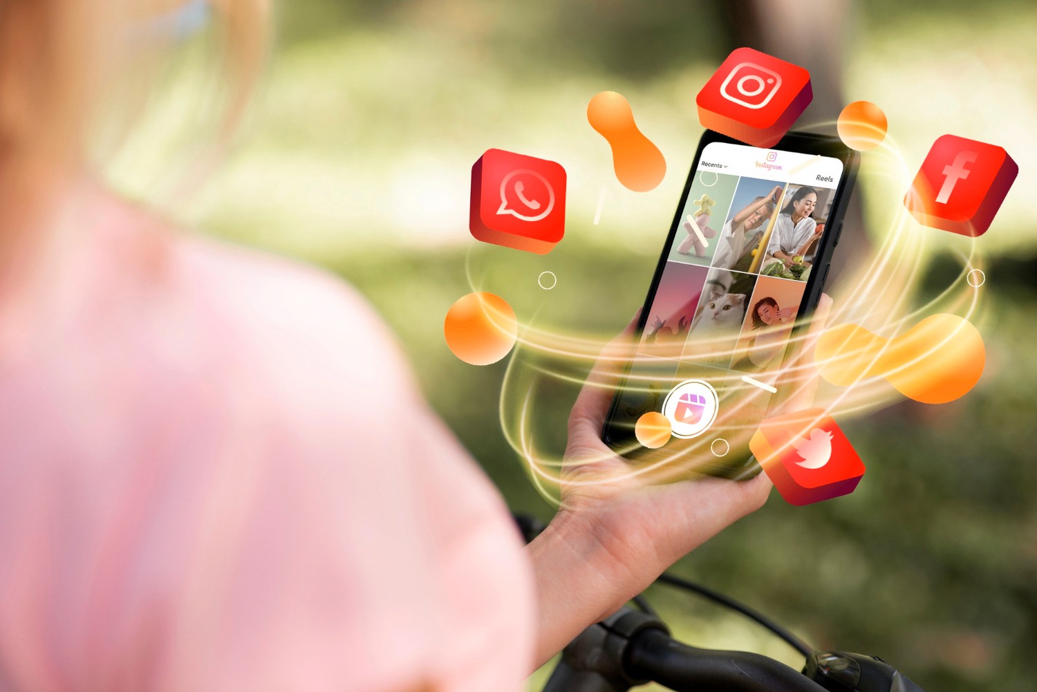 A woman holding a smartphone displaying various social media icons on the screen, symbolizing digital connectivity.