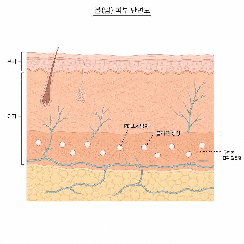 진피층에 위치한 PDLLA 입자와 콜라겐 생성 구조