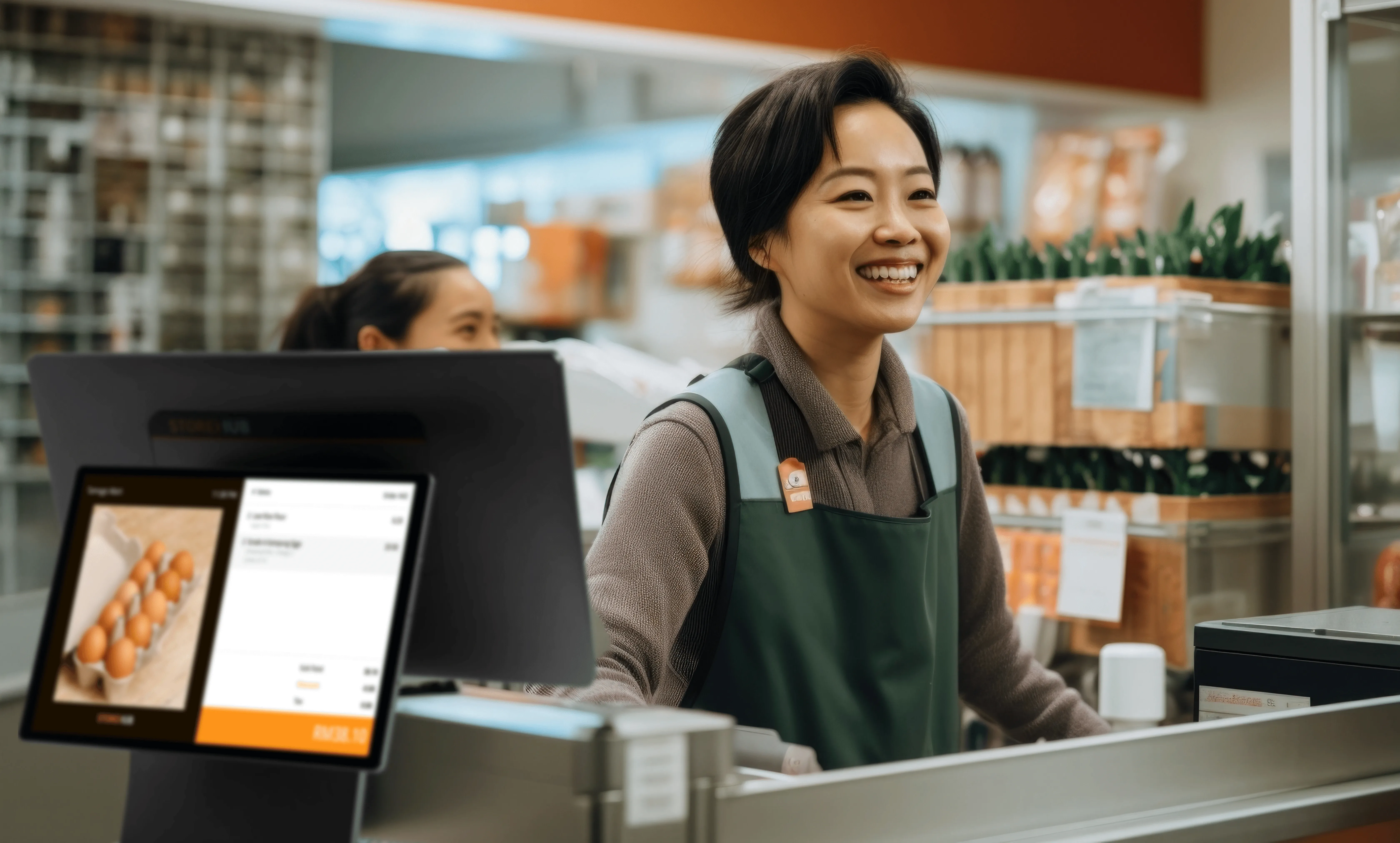 Malaysian grocery store staff using the StoreHub retail POS system for inventory management and checkout transactions.