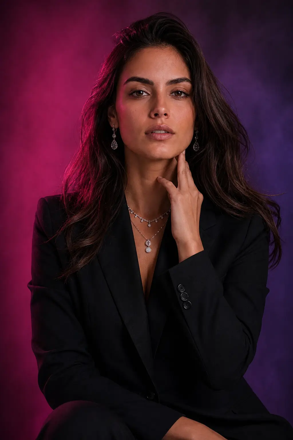 AI-generated female fashion portrait of a confident woman wearing a black blazer in a dramatic purple studio environment with editorial lighting.