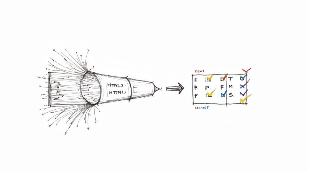 A person at a desk with charts and graphs, turning messy data points into clear, actionable insights.