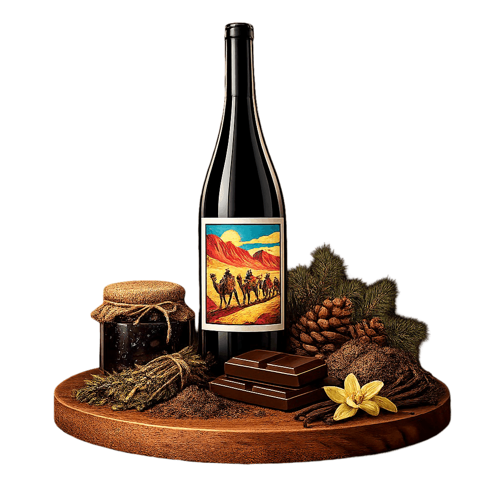 Artistic label and flavor profile for Xinjiang Cabernet Sauvignon on a rustic wooden table.